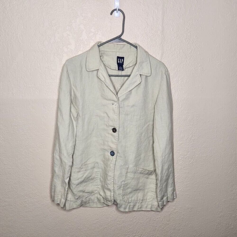 Gap Jacket Womens Size Medium Beige 100% Linen Long Sleeve Pockets Preppy Button